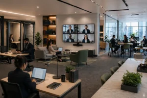 Post-COVID law firm office with flexible workspace design, combining in-office collaboration and remote connectivity to support hybrid work.