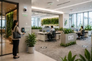 Smart hybrid workplace with touchless technology, occupancy monitoring, and a focus on employee safety and well-being.