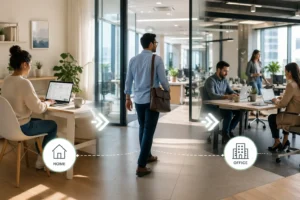 Transition from remote work to hybrid workplace, showing employees working from home and collaborating in a modern office environment after the pandemic.”