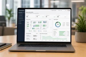 Desk booking dashboard displaying employee seating, real-time data, and workplace analytics in a hybrid office.