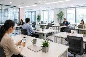 Hybrid workplace with socially distanced desks and employees using desk booking system to manage office capacity safely.