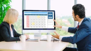 Meeting room booking interface displaying calendar integration, room availability, and scheduling features.