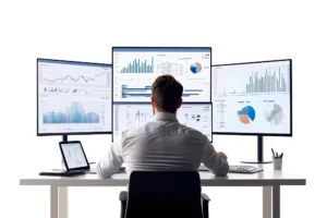 IT manager reviewing and integrating workplace systems for implementing meeting room booking software.