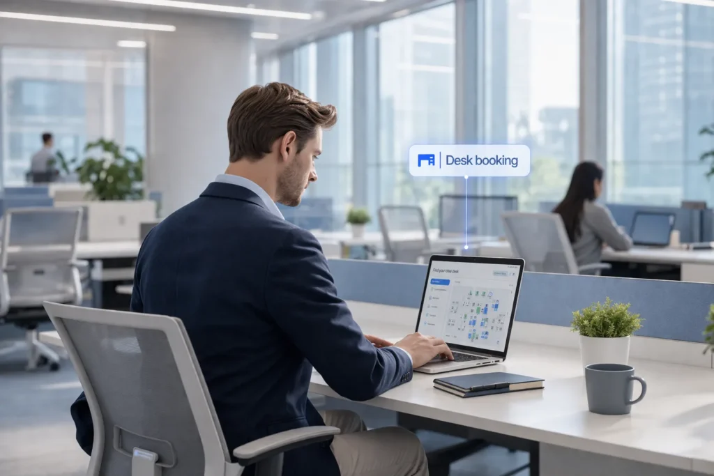 Employees using desk booking software in a hybrid office to choose flexible workspaces and collaborate efficiently.