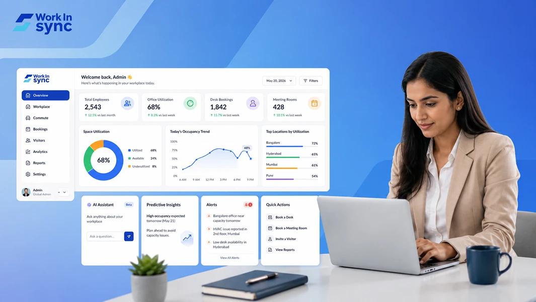 person looking at a screen displaying workplace management system dashboard