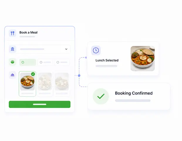 Employee pre-booking a cafeteria meal through a digital meal reservation system for efficient office cafeteria management