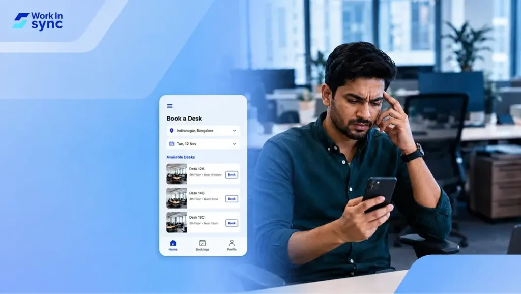 Employee looking at phone and desk booking dashboard shown next to him