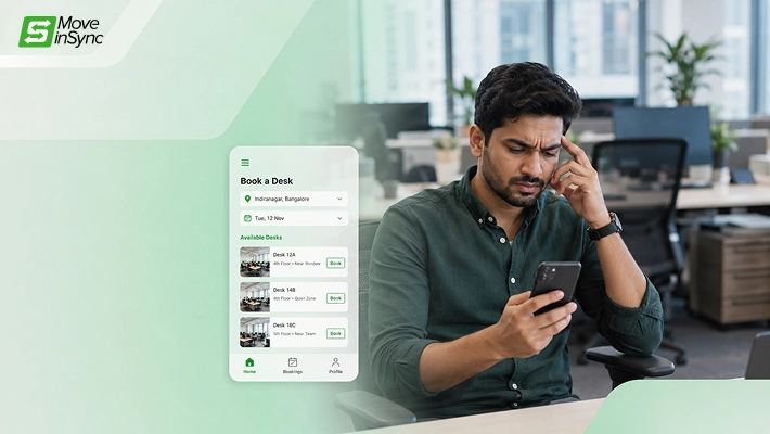 Employee looking at phone and desk booking dashboard shown next to him