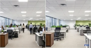 Side-by-side comparison of an office in crowded workstations and underutilized office space