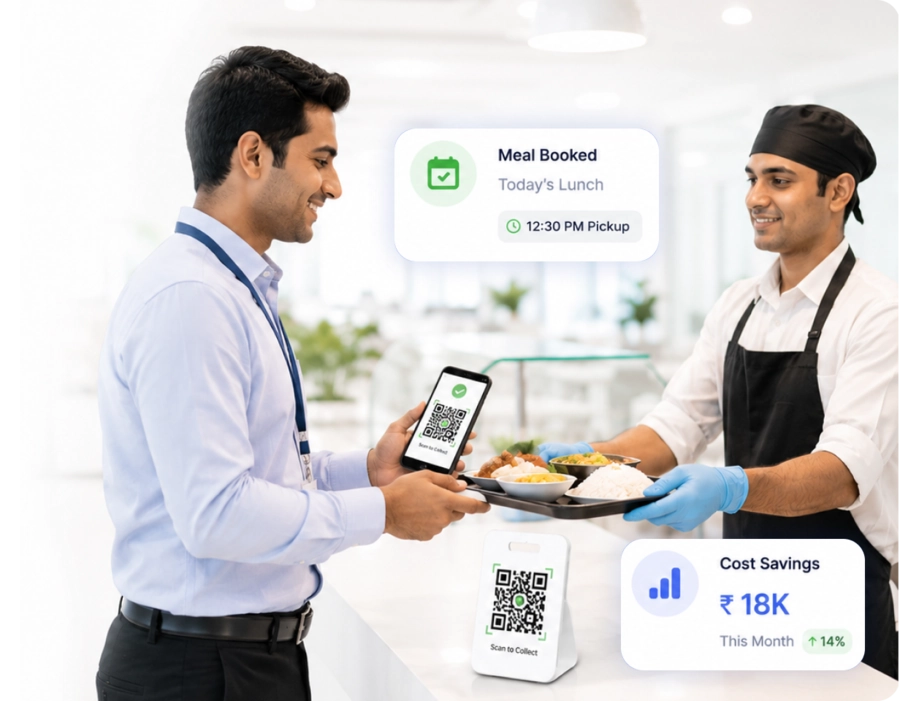 Employee collecting a pre-booked meal using QR code verification through a digital canteen management system